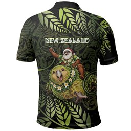 New Zealand Christmas Polo Shirt Santa Riding Kakapo Bird Silver Fern