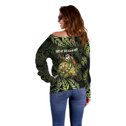 New Zealand Christmas Off Shoulder Sweater Santa Riding Kakapo Bird Silver Fern