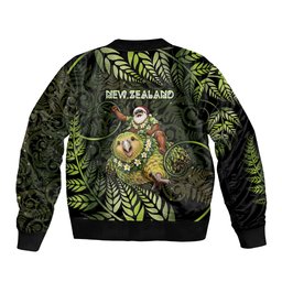 New Zealand Christmas Sleeve Zip Bomber Jacket Santa Riding Kakapo Bird Silver Fern