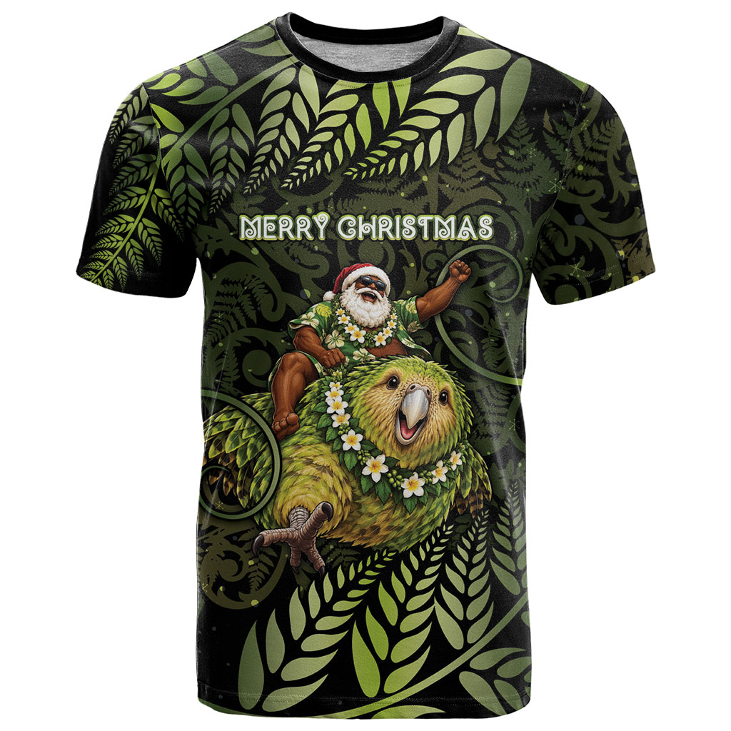 New Zealand Christmas T Shirt Santa Riding Kakapo Bird Silver Fern