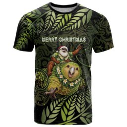 New Zealand Christmas T Shirt Santa Riding Kakapo Bird Silver Fern
