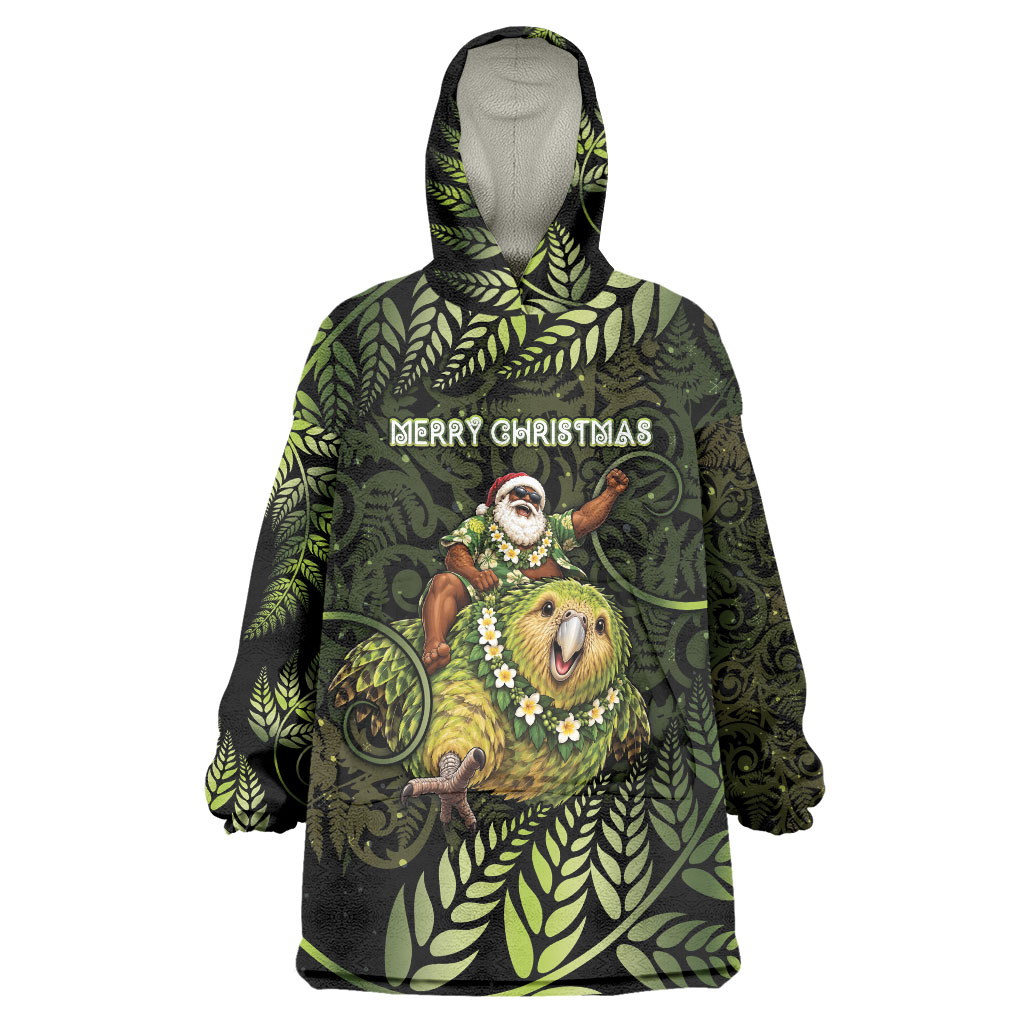 New Zealand Christmas Wearable Blanket Hoodie Santa Riding Kakapo Bird Silver Fern