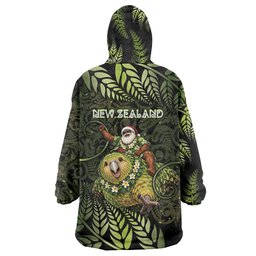 New Zealand Christmas Wearable Blanket Hoodie Santa Riding Kakapo Bird Silver Fern