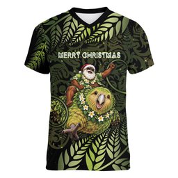 New Zealand Christmas Women V-Neck T-Shirt Santa Riding Kakapo Bird Silver Fern