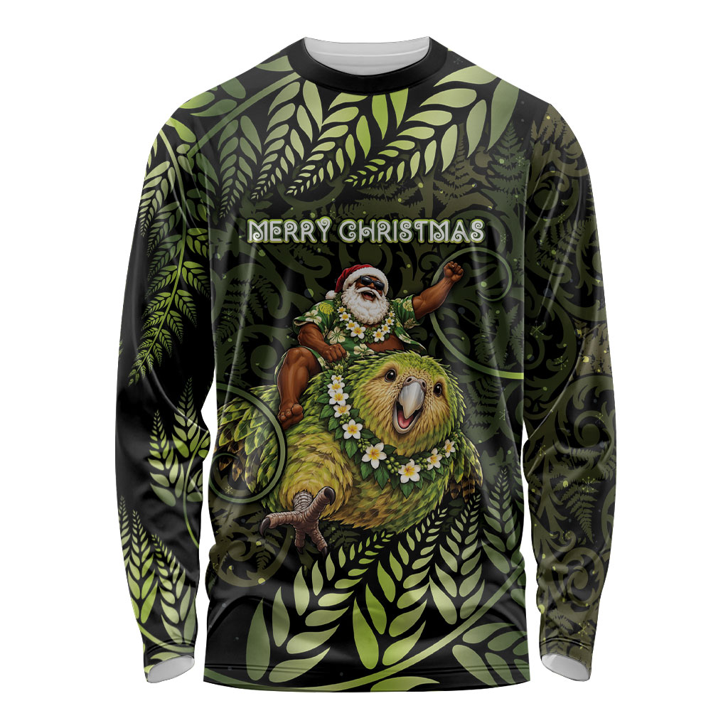New Zealand Christmas Long Sleeve Shirt Santa Riding Kakapo Bird Silver Fern