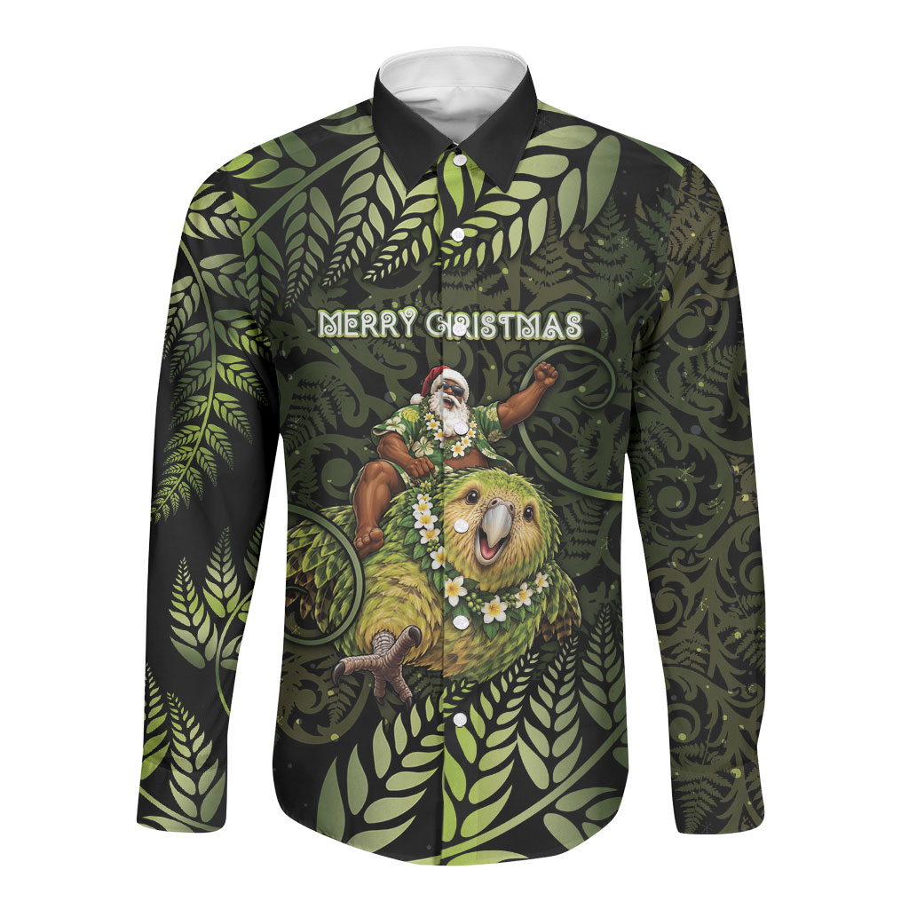 New Zealand Christmas Long Sleeve Button Shirt Santa Riding Kakapo Bird Silver Fern