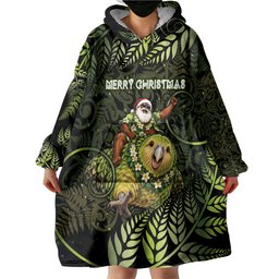 New Zealand Christmas Wearable Blanket Hoodie Santa Riding Kakapo Bird Silver Fern