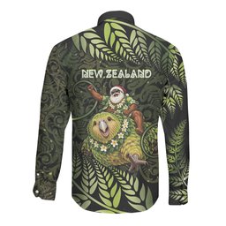 New Zealand Christmas Long Sleeve Button Shirt Santa Riding Kakapo Bird Silver Fern