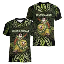 New Zealand Christmas Women V-Neck T-Shirt Santa Riding Kakapo Bird Silver Fern