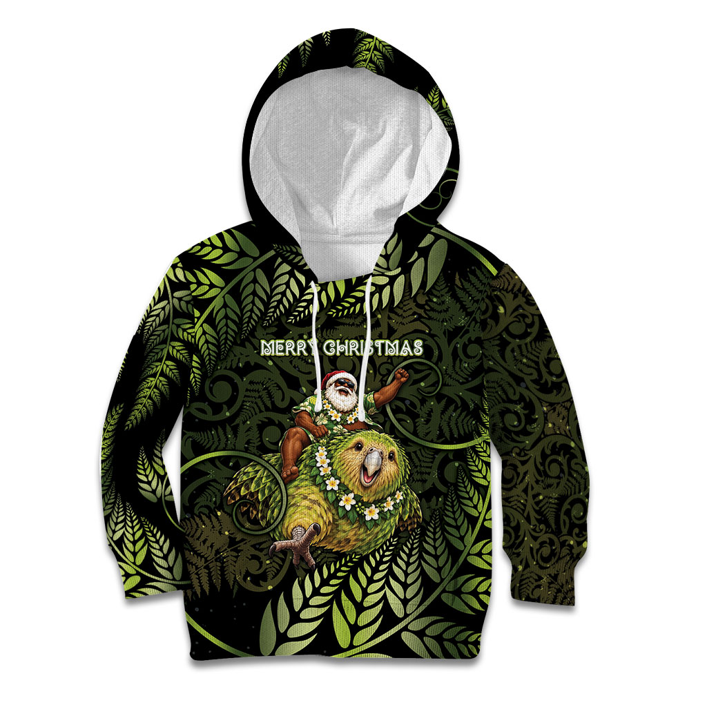 New Zealand Christmas Kid Hoodie Santa Riding Kakapo Bird Silver Fern