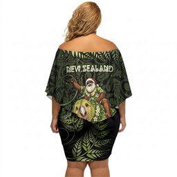 New Zealand Christmas Off Shoulder Short Dress Santa Riding Kakapo Bird Silver Fern