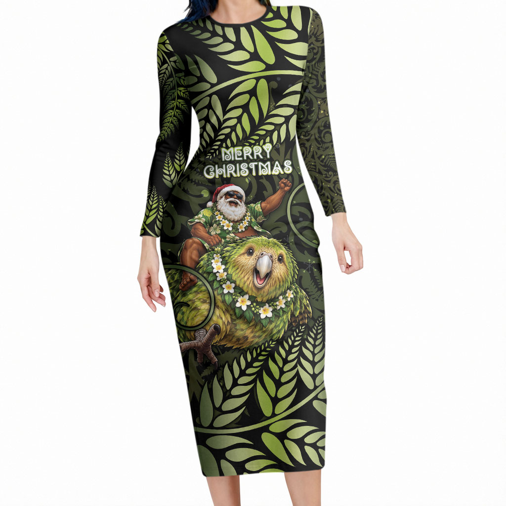 New Zealand Christmas Long Sleeve Bodycon Dress Santa Riding Kakapo Bird Silver Fern