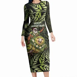 New Zealand Christmas Long Sleeve Bodycon Dress Santa Riding Kakapo Bird Silver Fern