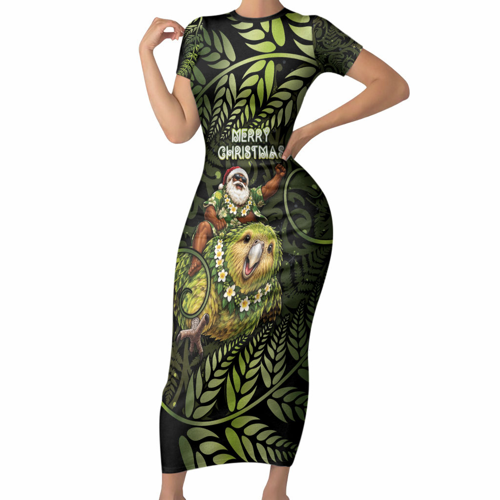 New Zealand Christmas Short Sleeve Bodycon Dress Santa Riding Kakapo Bird Silver Fern
