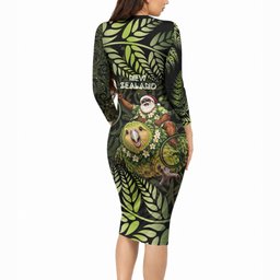 New Zealand Christmas Long Sleeve Bodycon Dress Santa Riding Kakapo Bird Silver Fern