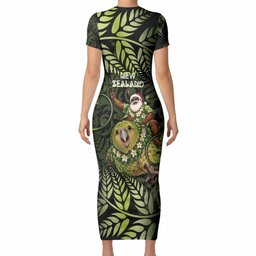 New Zealand Christmas Short Sleeve Bodycon Dress Santa Riding Kakapo Bird Silver Fern