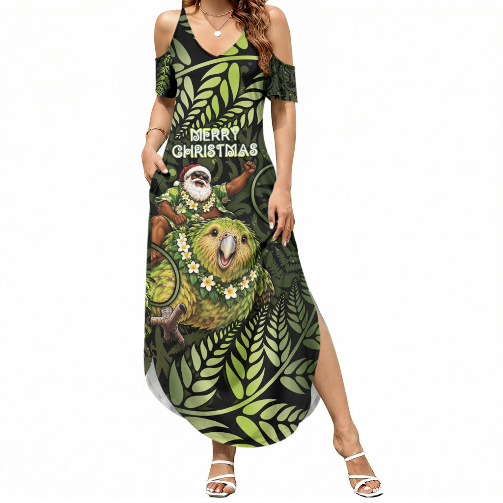 New Zealand Christmas Summer Maxi Dress Santa Riding Kakapo Bird Silver Fern