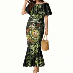 New Zealand Christmas Mermaid Dress Santa Riding Kakapo Bird Silver Fern