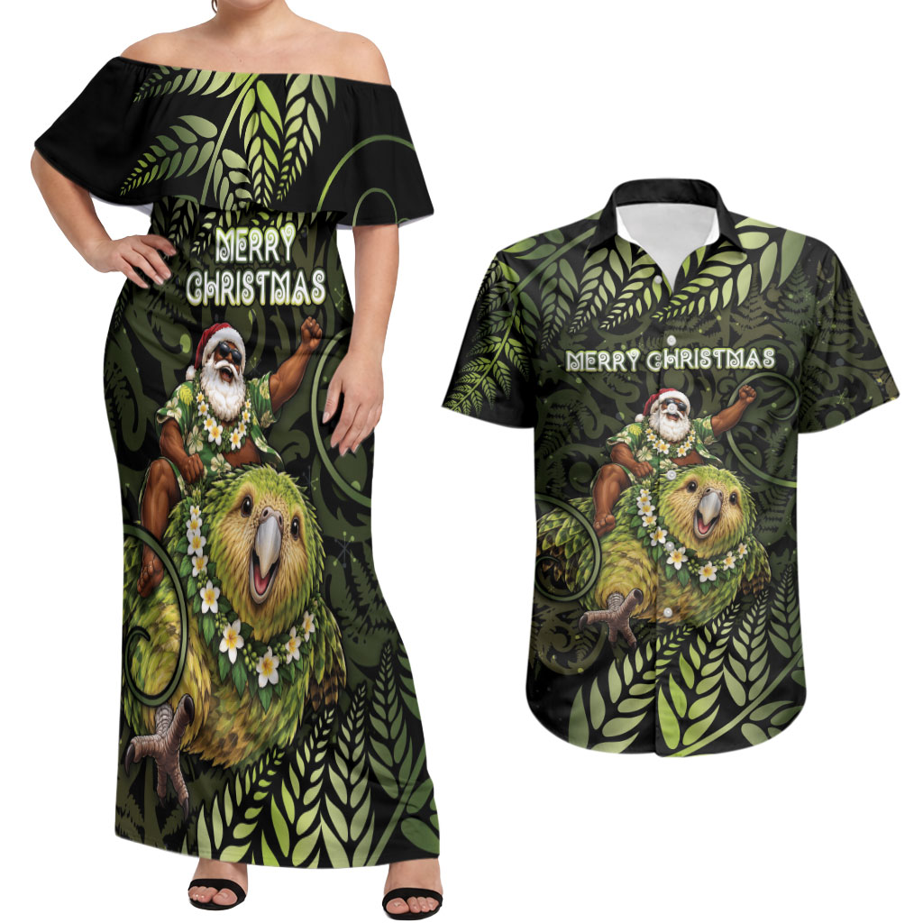 New Zealand Christmas Couples Matching Off Shoulder Maxi Dress and Hawaiian Shirt Santa Riding Kakapo Bird Silver Fern