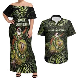 New Zealand Christmas Couples Matching Off Shoulder Maxi Dress and Hawaiian Shirt Santa Riding Kakapo Bird Silver Fern