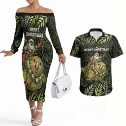 New Zealand Christmas Couples Matching Off The Shoulder Long Sleeve Dress and Hawaiian Shirt Santa Riding Kakapo Bird Silver Fern