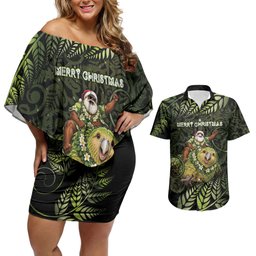 New Zealand Christmas Couples Matching Off Shoulder Short Dress and Hawaiian Shirt Santa Riding Kakapo Bird Silver Fern