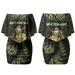 New Zealand Christmas Couples Matching Off Shoulder Short Dress and Hawaiian Shirt Santa Riding Kakapo Bird Silver Fern