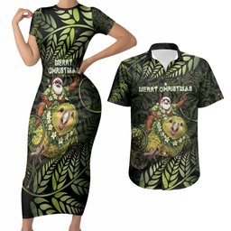 New Zealand Christmas Couples Matching Short Sleeve Bodycon Dress and Hawaiian Shirt Santa Riding Kakapo Bird Silver Fern