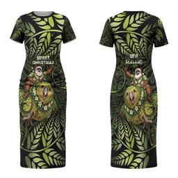 New Zealand Christmas Couples Matching Short Sleeve Bodycon Dress and Hawaiian Shirt Santa Riding Kakapo Bird Silver Fern