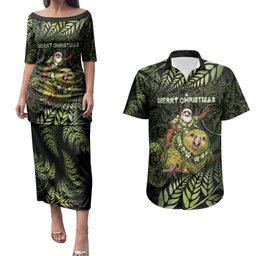 New Zealand Christmas Couples Matching Puletasi and Hawaiian Shirt Santa Riding Kakapo Bird Silver Fern
