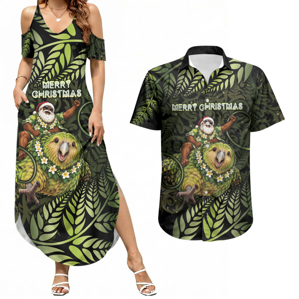 New Zealand Christmas Couples Matching Summer Maxi Dress and Hawaiian Shirt Santa Riding Kakapo Bird Silver Fern