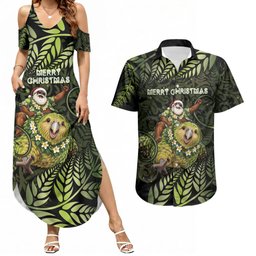 New Zealand Christmas Couples Matching Summer Maxi Dress and Hawaiian Shirt Santa Riding Kakapo Bird Silver Fern