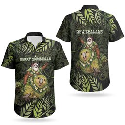 New Zealand Christmas Couples Matching Long Sleeve Bodycon Dress and Hawaiian Shirt Santa Riding Kakapo Bird Silver Fern