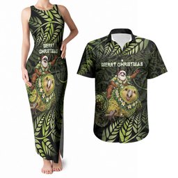New Zealand Christmas Couples Matching Tank Maxi Dress and Hawaiian Shirt Santa Riding Kakapo Bird Silver Fern