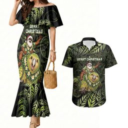 New Zealand Christmas Couples Matching Mermaid Dress and Hawaiian Shirt Santa Riding Kakapo Bird Silver Fern