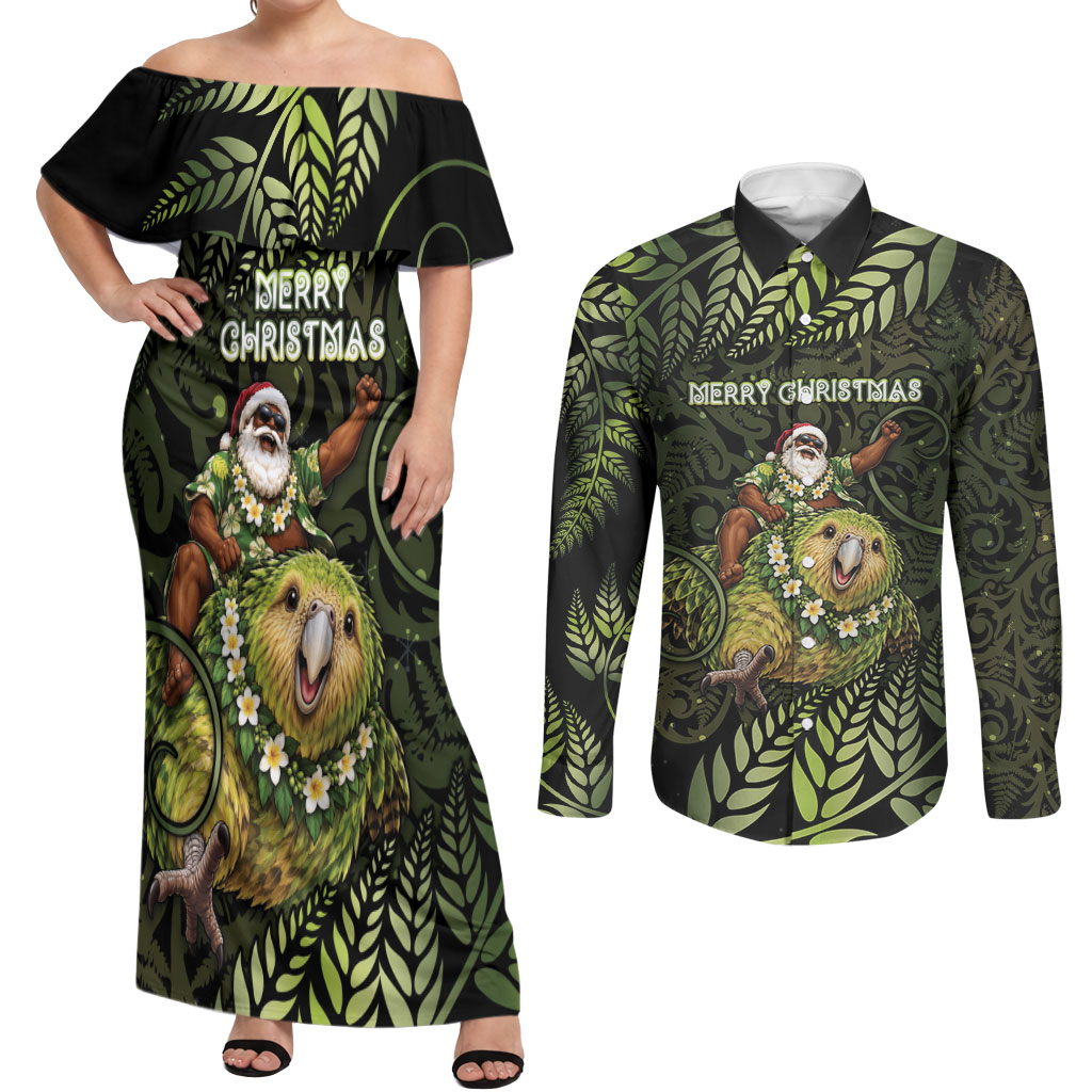 New Zealand Christmas Couples Matching Off Shoulder Maxi Dress and Long Sleeve Button Shirt Santa Riding Kakapo Bird Silver Fern