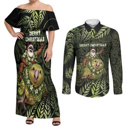 New Zealand Christmas Couples Matching Off Shoulder Maxi Dress and Long Sleeve Button Shirt Santa Riding Kakapo Bird Silver Fern