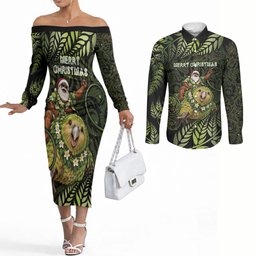 New Zealand Christmas Couples Matching Off The Shoulder Long Sleeve Dress and Long Sleeve Button Shirt Santa Riding Kakapo Bird Silver Fern