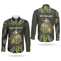New Zealand Christmas Couples Matching Off Shoulder Maxi Dress and Long Sleeve Button Shirt Santa Riding Kakapo Bird Silver Fern