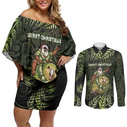 New Zealand Christmas Couples Matching Off Shoulder Short Dress and Long Sleeve Button Shirt Santa Riding Kakapo Bird Silver Fern