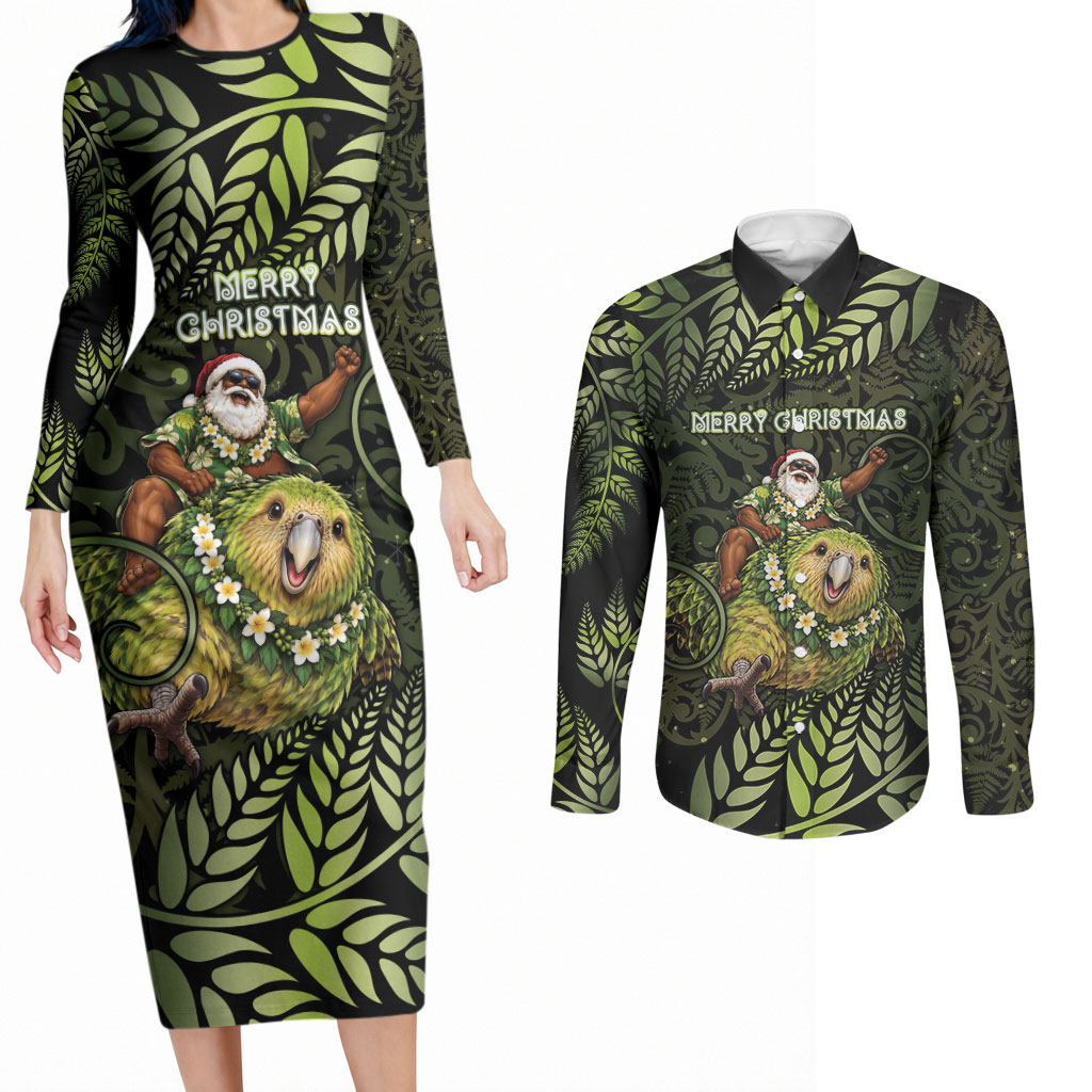 New Zealand Christmas Couples Matching Long Sleeve Bodycon Dress and Long Sleeve Button Shirt Santa Riding Kakapo Bird Silver Fern