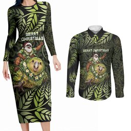 New Zealand Christmas Couples Matching Long Sleeve Bodycon Dress and Long Sleeve Button Shirt Santa Riding Kakapo Bird Silver Fern