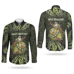 New Zealand Christmas Couples Matching Off The Shoulder Long Sleeve Dress and Long Sleeve Button Shirt Santa Riding Kakapo Bird Silver Fern
