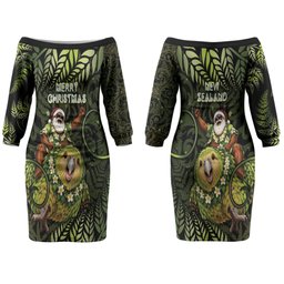 New Zealand Christmas Couples Matching Off The Shoulder Long Sleeve Dress and Long Sleeve Button Shirt Santa Riding Kakapo Bird Silver Fern