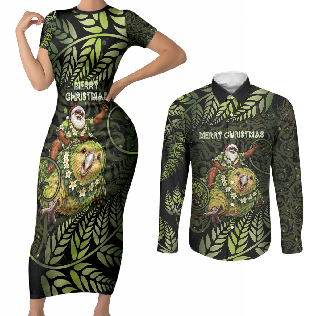 New Zealand Christmas Couples Matching Short Sleeve Bodycon Dress and Long Sleeve Button Shirt Santa Riding Kakapo Bird Silver Fern