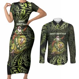 New Zealand Christmas Couples Matching Short Sleeve Bodycon Dress and Long Sleeve Button Shirt Santa Riding Kakapo Bird Silver Fern