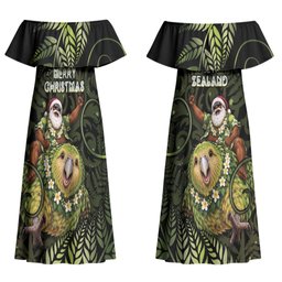 New Zealand Christmas Couples Matching Off Shoulder Maxi Dress and Long Sleeve Button Shirt Santa Riding Kakapo Bird Silver Fern