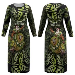New Zealand Christmas Couples Matching Long Sleeve Bodycon Dress and Long Sleeve Button Shirt Santa Riding Kakapo Bird Silver Fern