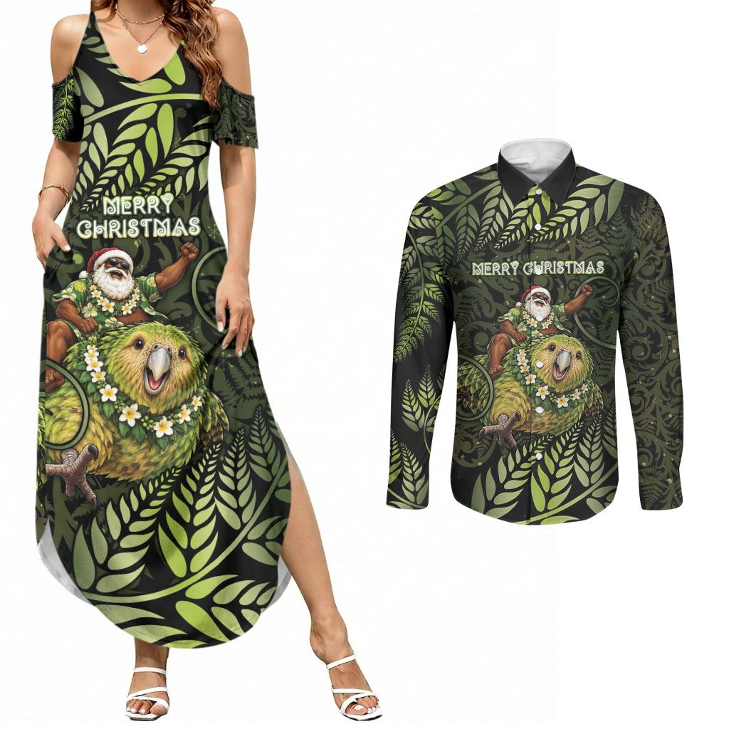 New Zealand Christmas Couples Matching Summer Maxi Dress and Long Sleeve Button Shirt Santa Riding Kakapo Bird Silver Fern