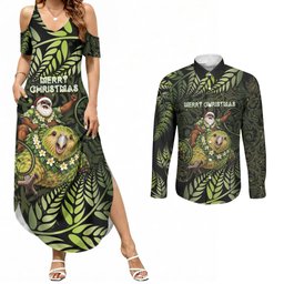 New Zealand Christmas Couples Matching Summer Maxi Dress and Long Sleeve Button Shirt Santa Riding Kakapo Bird Silver Fern